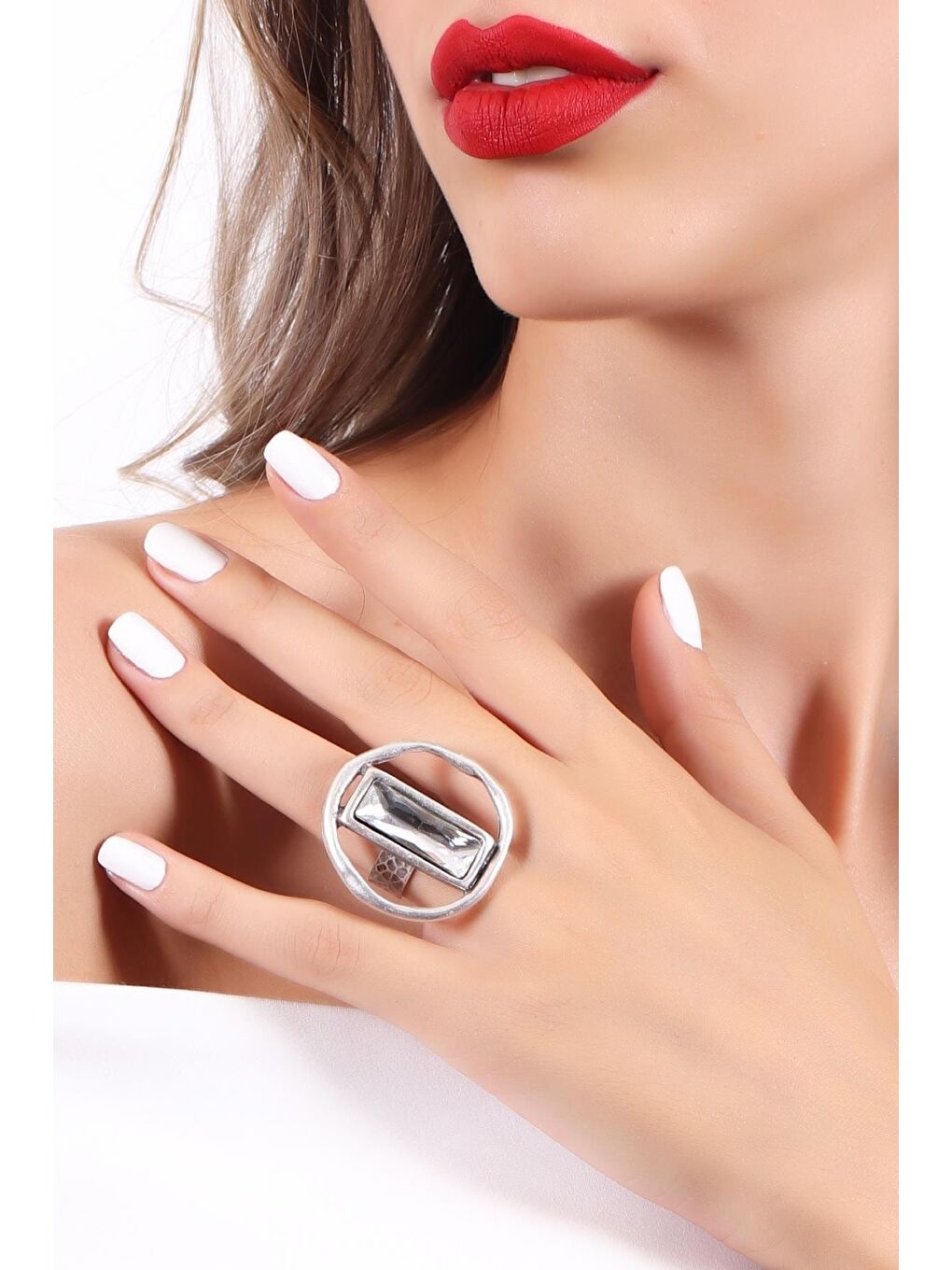 Beyaz Kadın Antik Gümüş Kaplama Taşlı Saturn Yüzük-1