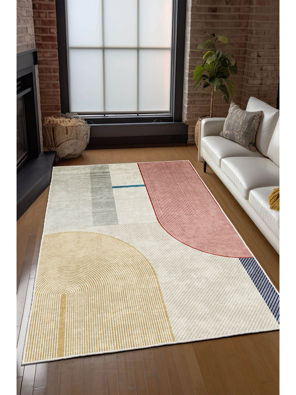 Bej Dekoratif Özel Tasarım Yıkanabilir İnce Kaymaz Tabanlı Modern Halı KECE FR49-3