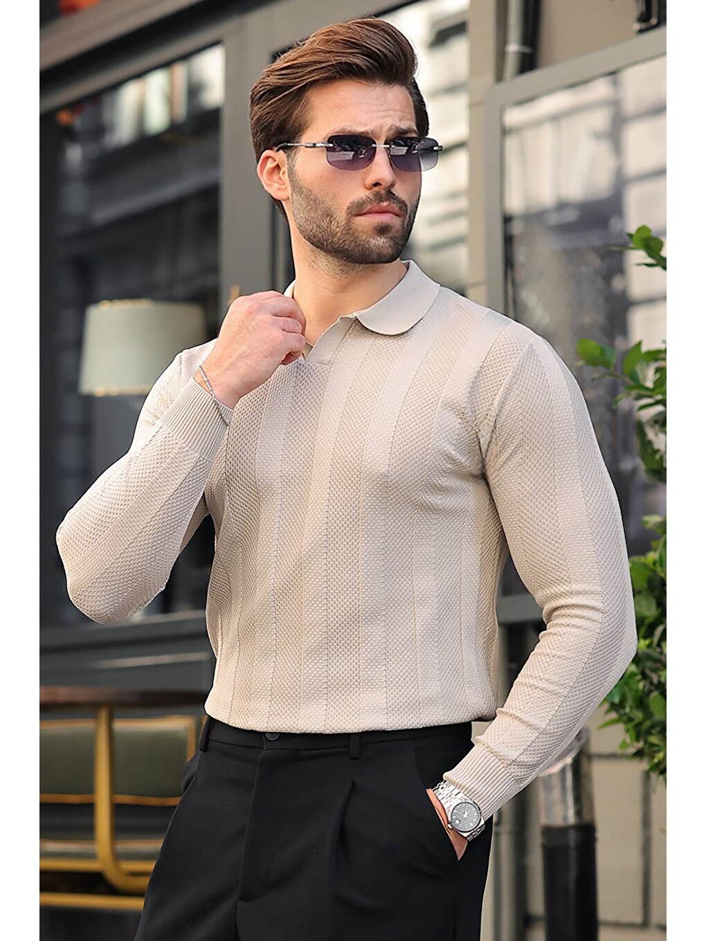 Bej Taş Rengi Regular Fit Polo Yaka Triko Erkek Kazak E7509-1