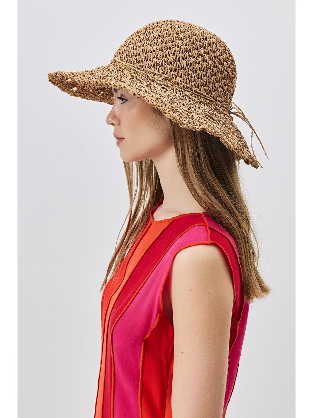 Bej Örgü Hasır Plaj Şapkası Y25730-22 Vizon-1