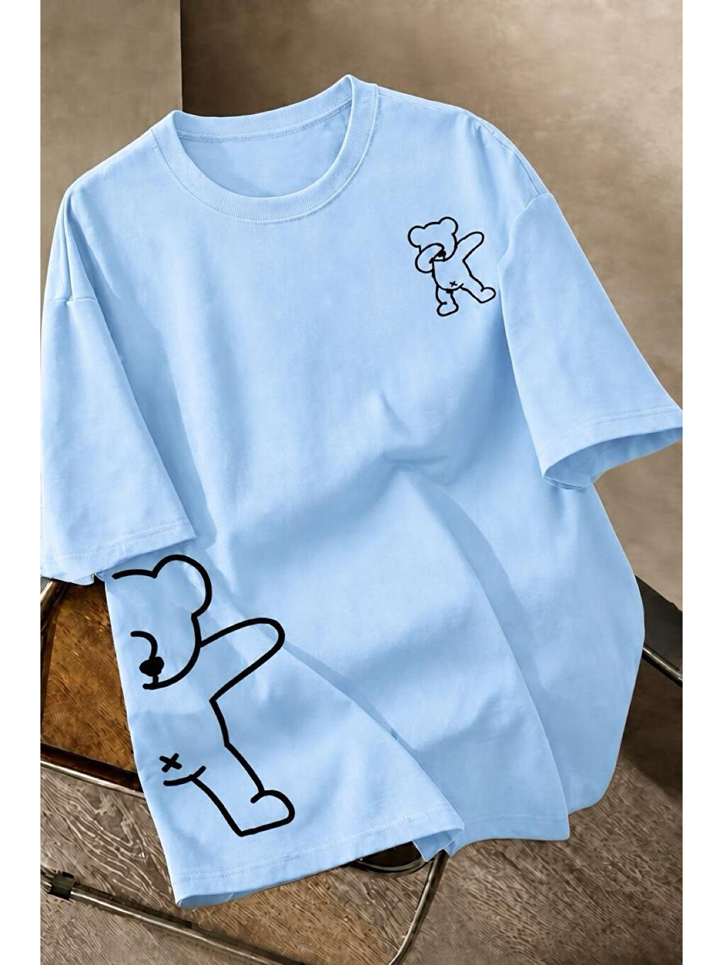 Turkuaz Ayıcık Baskılı Unisex Oversize Sokak Stili T-Shirt