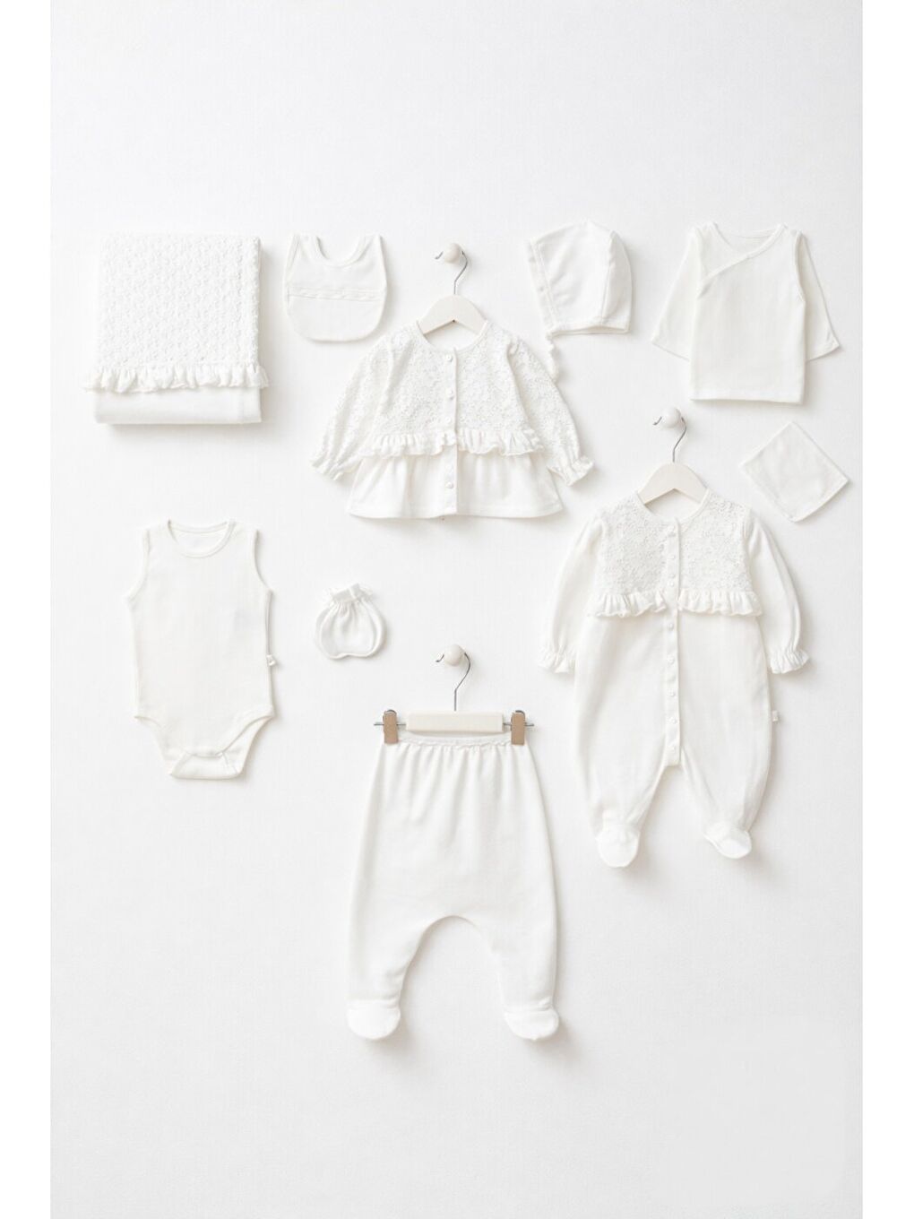 Beyaz Kız Bebek Lüx Kutulu Premium 10lu Hastane Çıkış Seti Pamuklu Dantelli 0-3ay Hediyelik-2