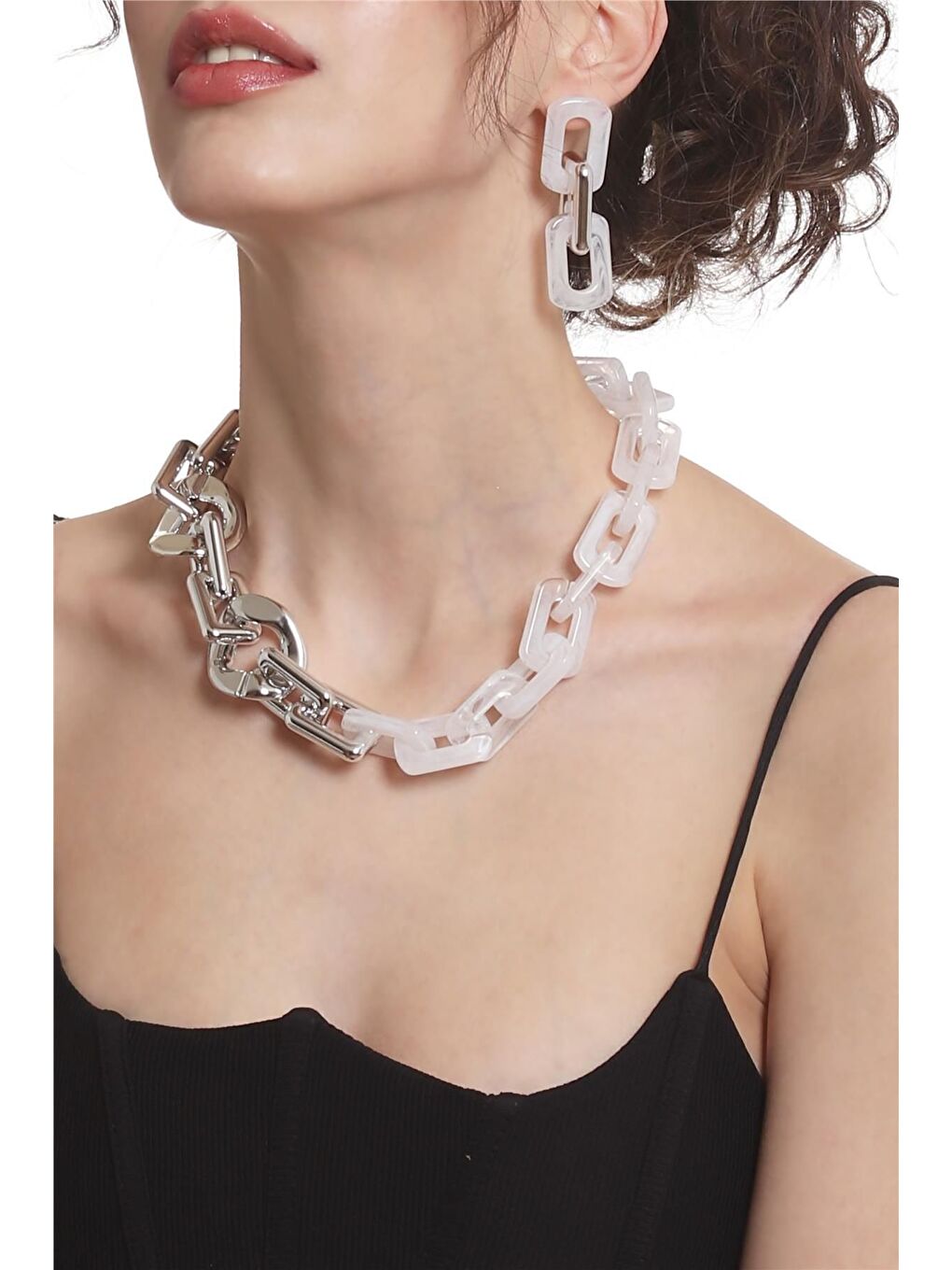 Kadın Kalın Zincir Formlu Beyaz &Gümüş Renk Akrilik Tasarım Kolye &Küpe Seti-1