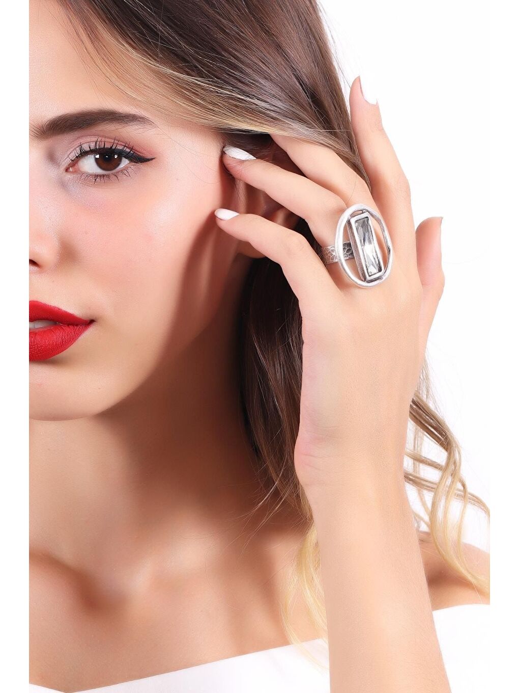 Beyaz Kadın Antik Gümüş Kaplama Taşlı Saturn Yüzük-3