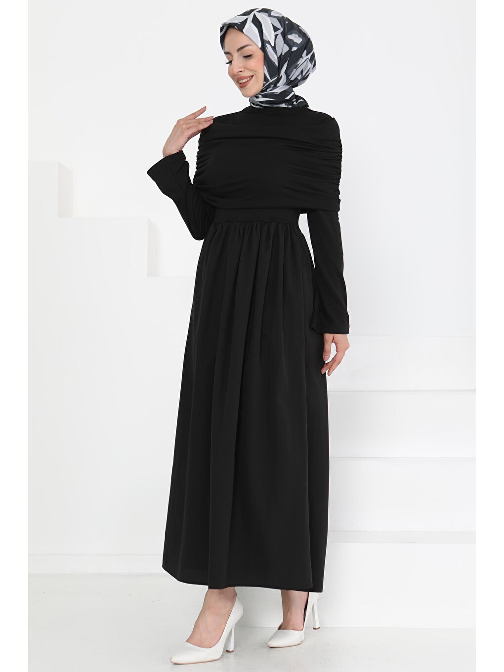 Üstü Şal Detaylı Elbise Siyah - 27282-1