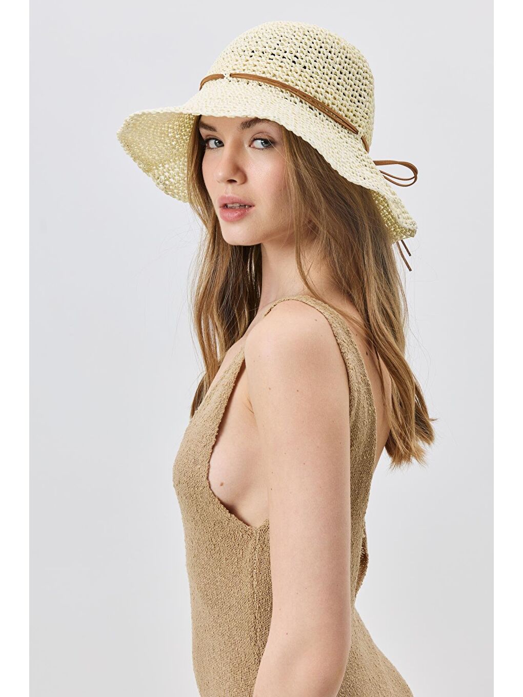 Ekru Örgü Hasır Plaj Şapkası Y25730-23 Krem-1