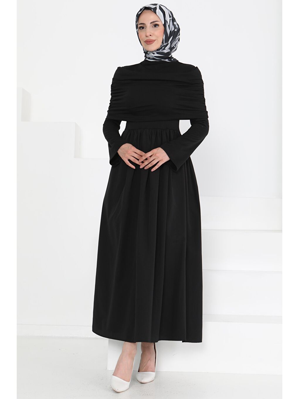 Üstü Şal Detaylı Elbise Siyah - 27282-2