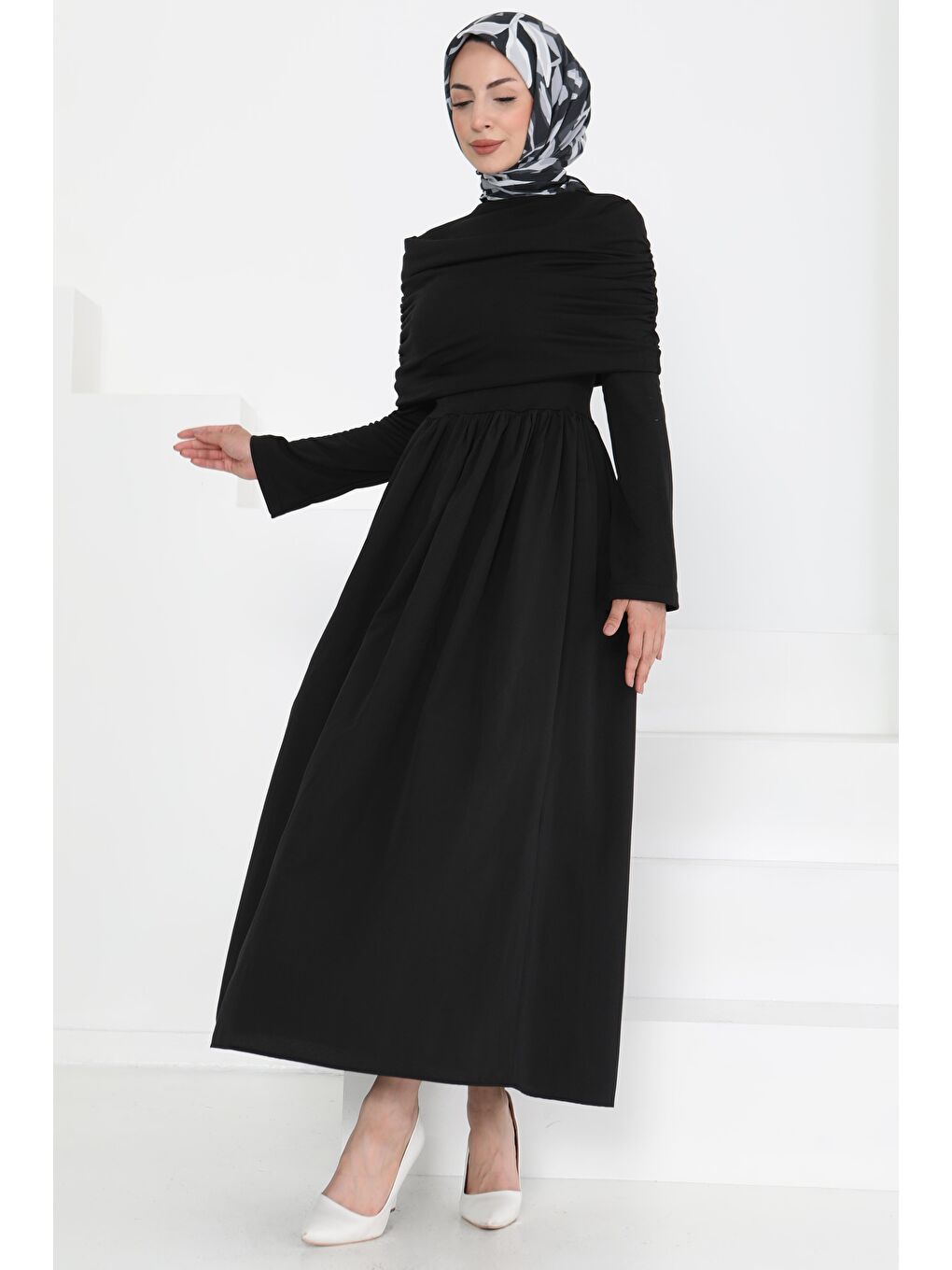 Üstü Şal Detaylı Elbise Siyah - 27282-3