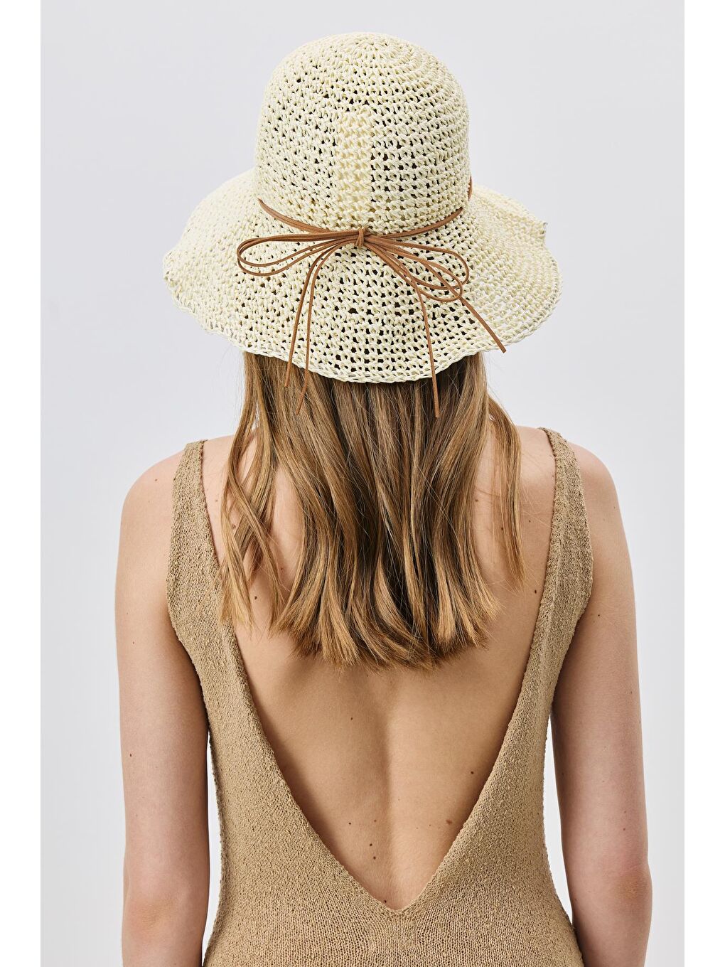 Ekru Örgü Hasır Plaj Şapkası Y25730-23 Krem-2