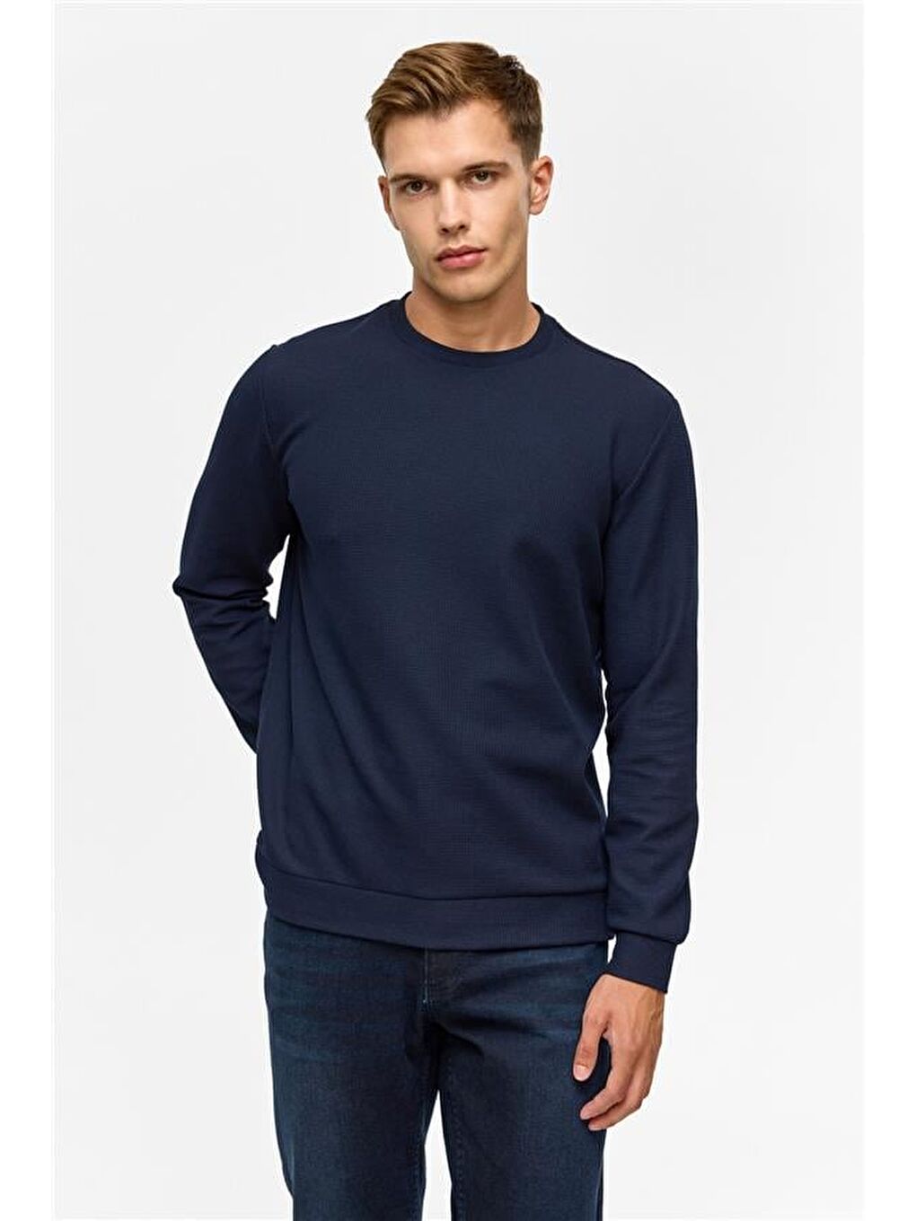 Lacivert Regular Düz Bisiklet Yaka Sweatshirt-1