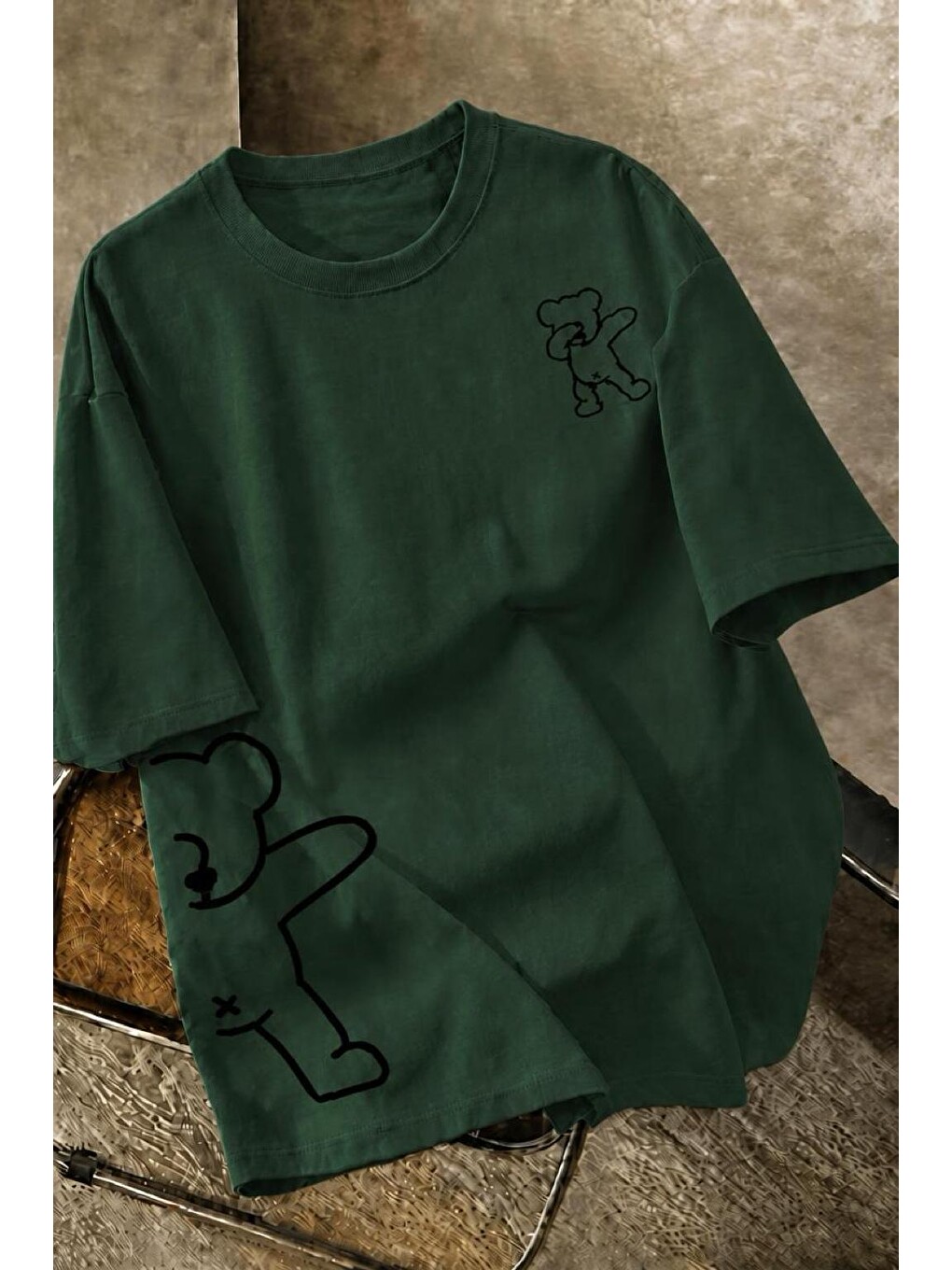Yeşil Ayıcık Baskılı Unisex Oversize Sokak Stili T-Shirt
