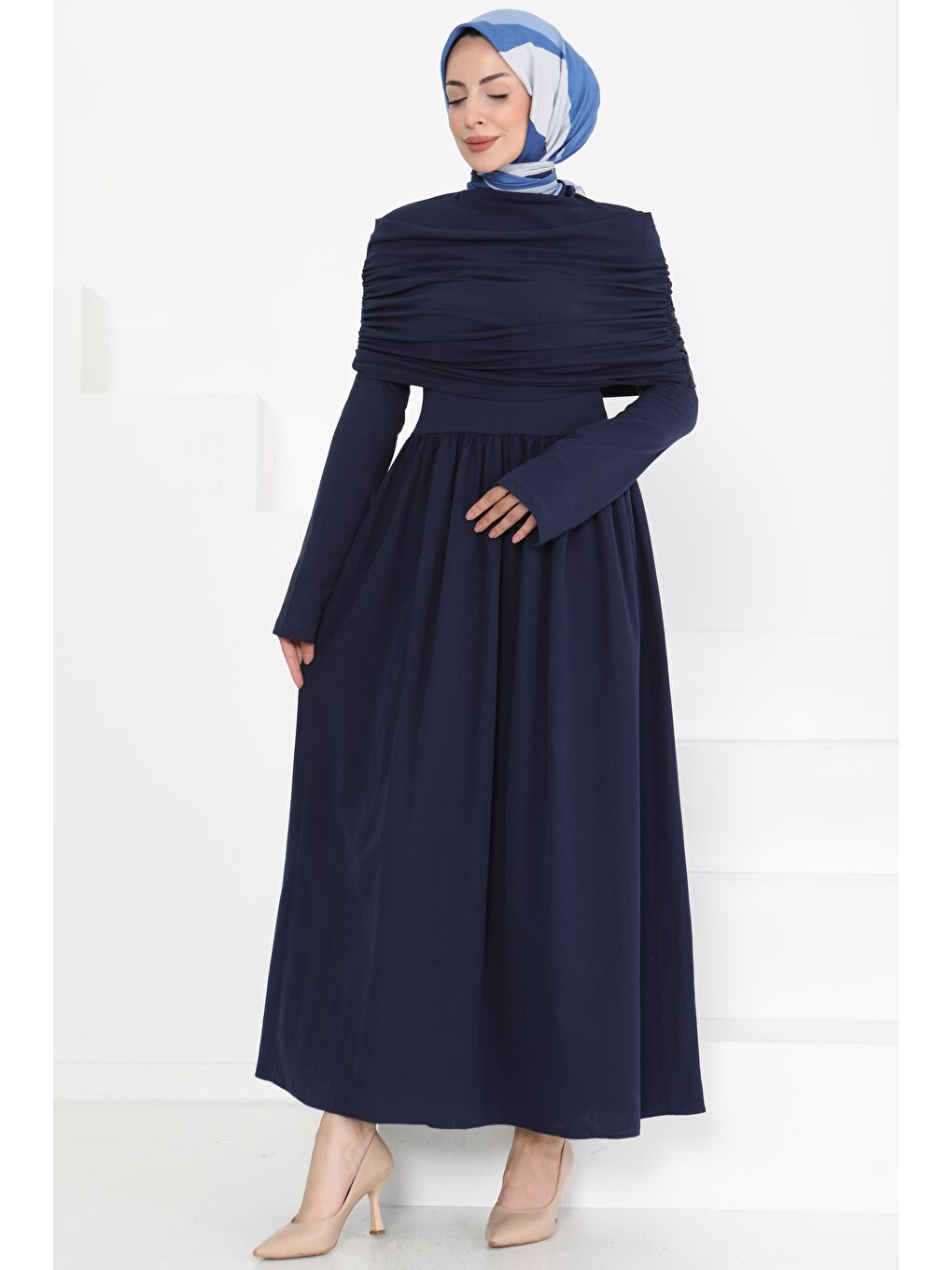 Üstü Şal Detaylı Elbise Lacivert - 27282