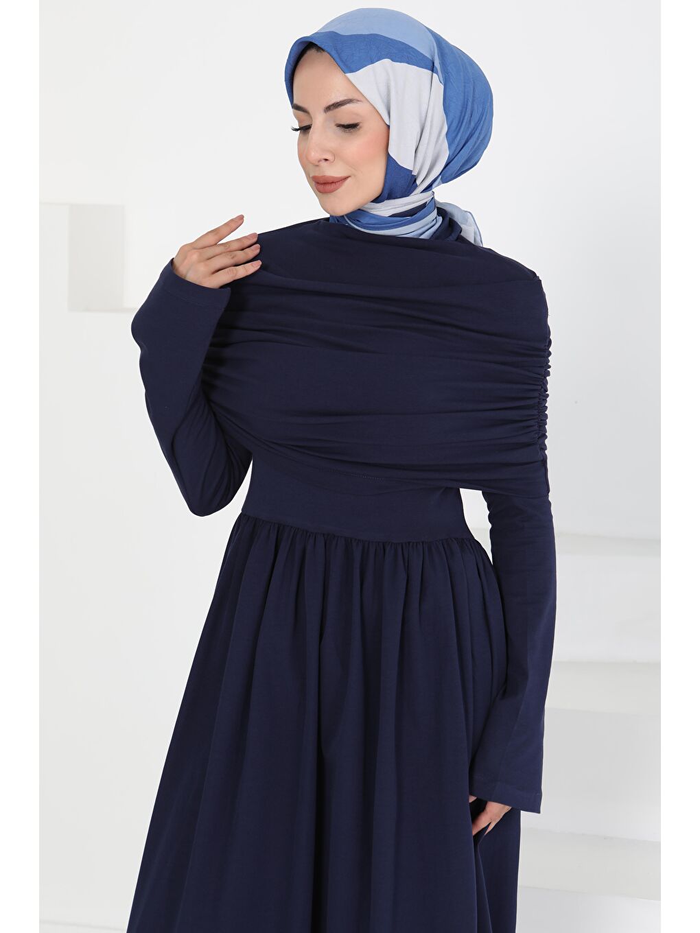 Üstü Şal Detaylı Elbise Lacivert - 27282-1