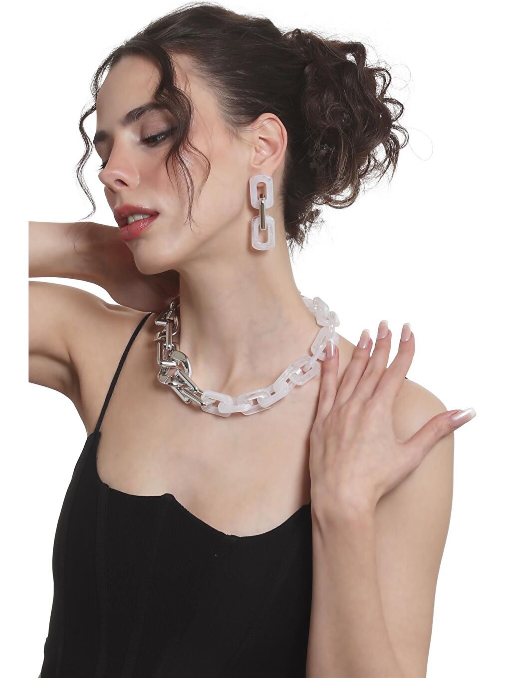 Kadın Kalın Zincir Formlu Beyaz &Gümüş Renk Akrilik Tasarım Kolye &Küpe Seti-3