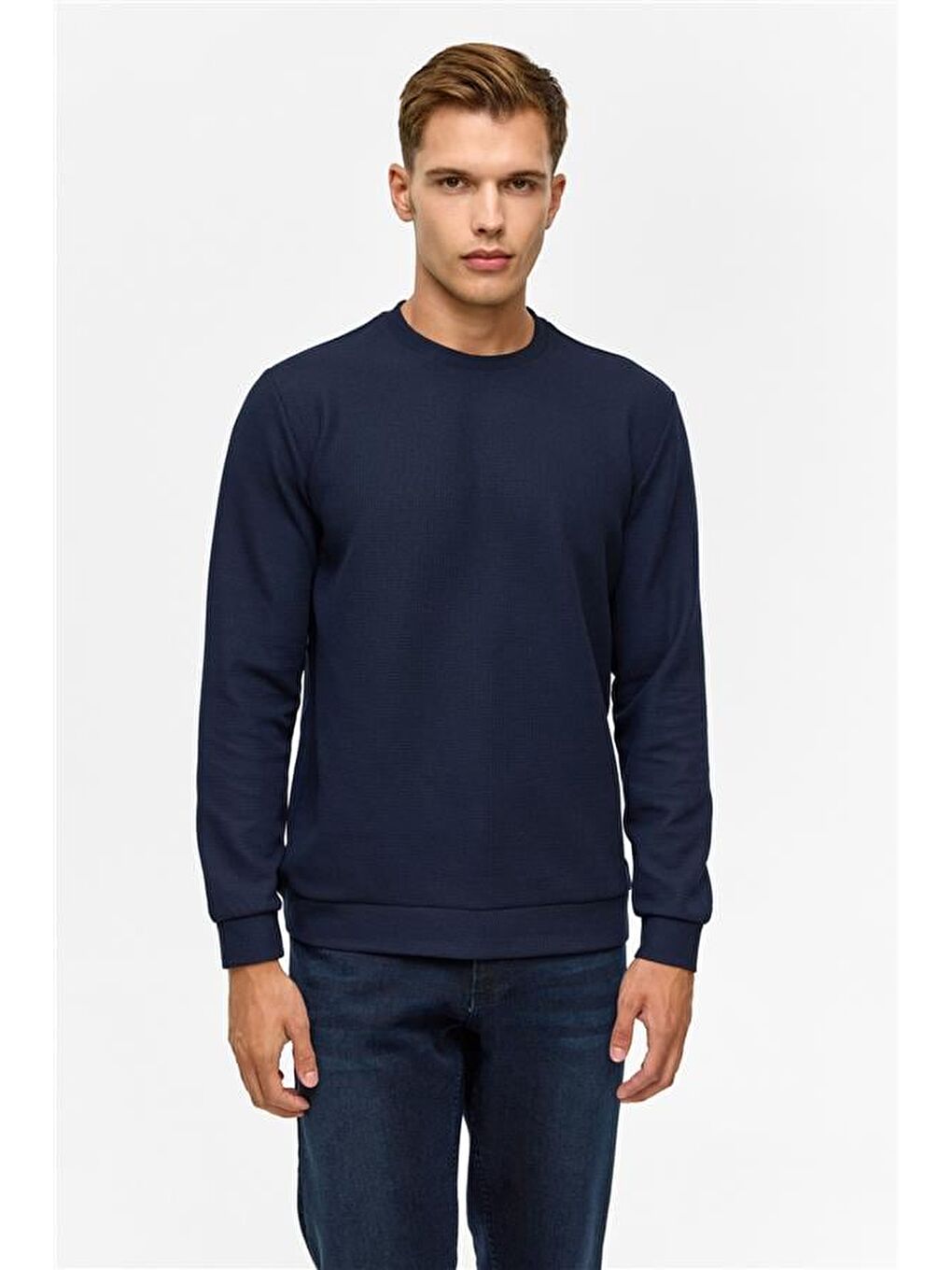 Lacivert Regular Düz Bisiklet Yaka Sweatshirt-2