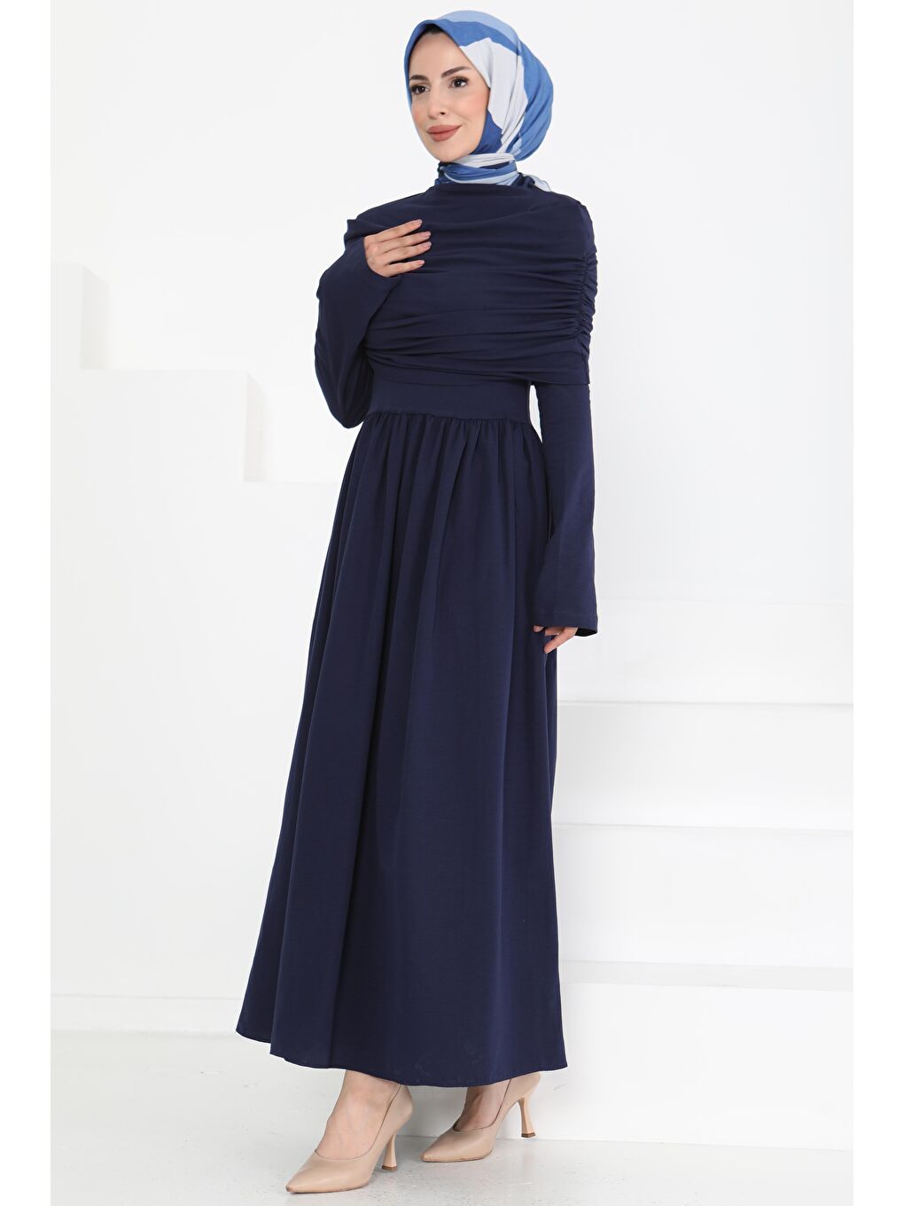 Üstü Şal Detaylı Elbise Lacivert - 27282-2