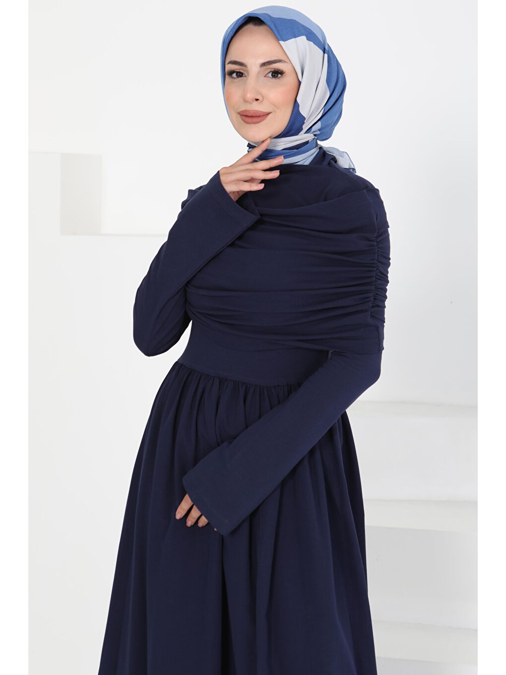 Üstü Şal Detaylı Elbise Lacivert - 27282-3