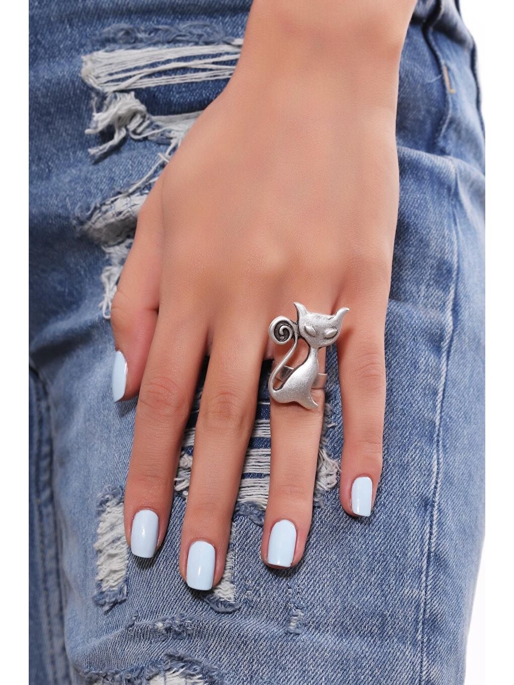 Gri Kadın Antik Gümüş Kaplama Ayarlanabilir Kedi Yüzük-1
