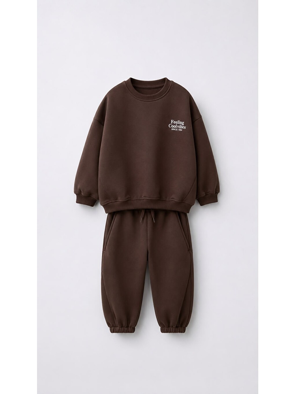 Kahverengi Unisex Çocuk Basic Yazı Detaylı 3 İplik Kumaş Eşofman Takım