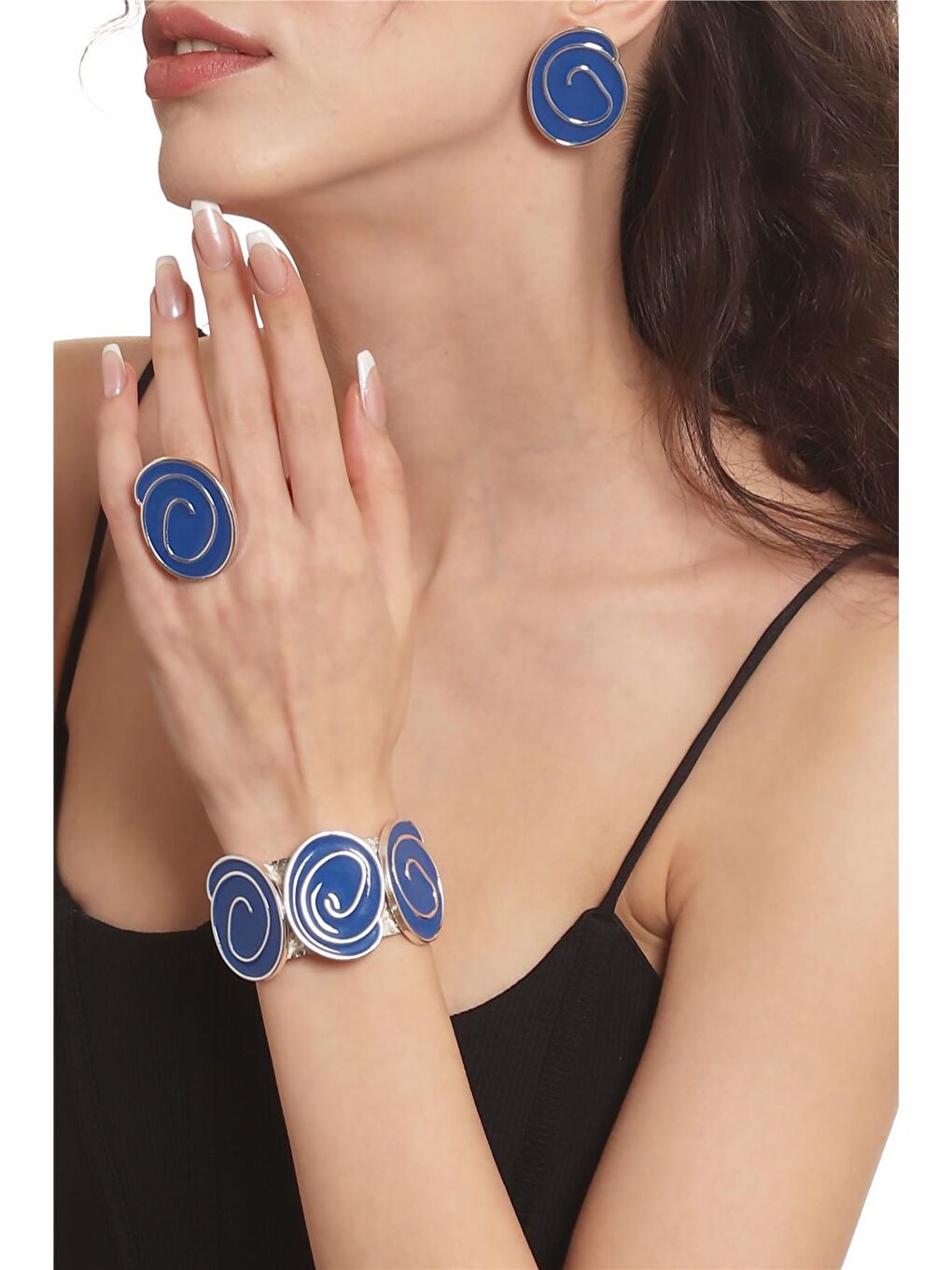 Kadın Gümüş Renk Lak Kaplama Çivili Model Gece Mavisi Mineli Küpe &Yüzük &Bileklik Set-1
