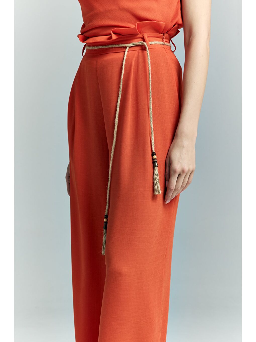 Turuncu Kemer Detaylı Pantolon - Oranj-3