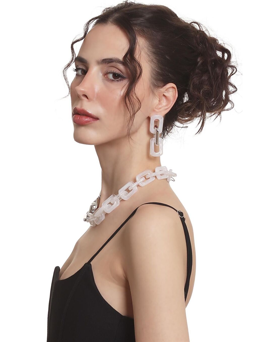 Kadın Kalın Zincir Formlu Beyaz &Gümüş Renk Akrilik Tasarım Kolye &Küpe Seti-4