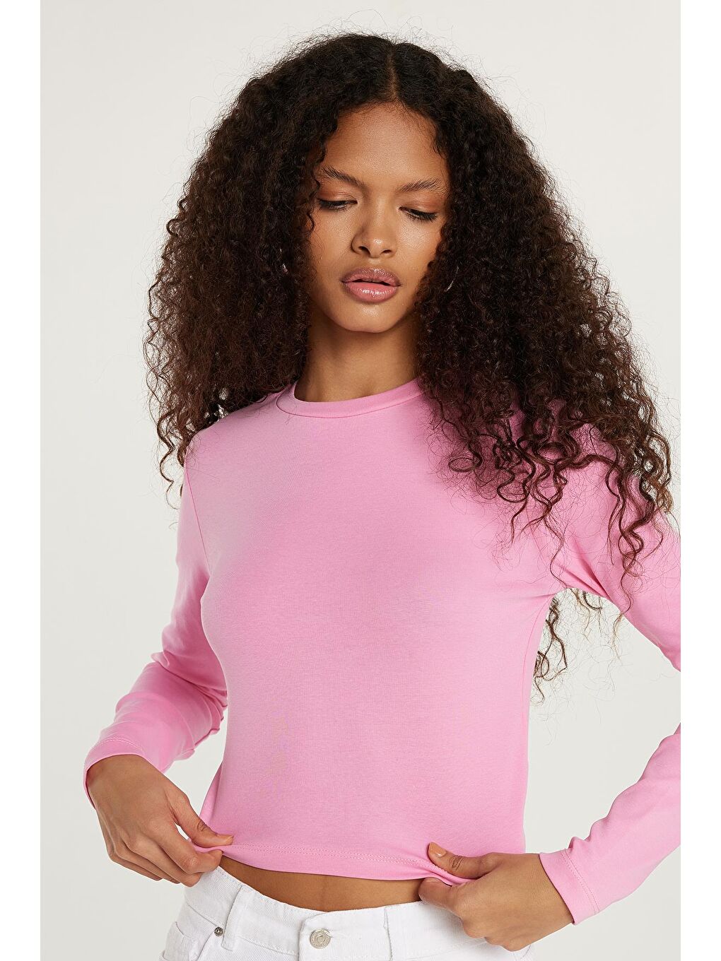 Kadın Slim Fit Dar Kesim Bisiklet Yaka Pembe Bluz