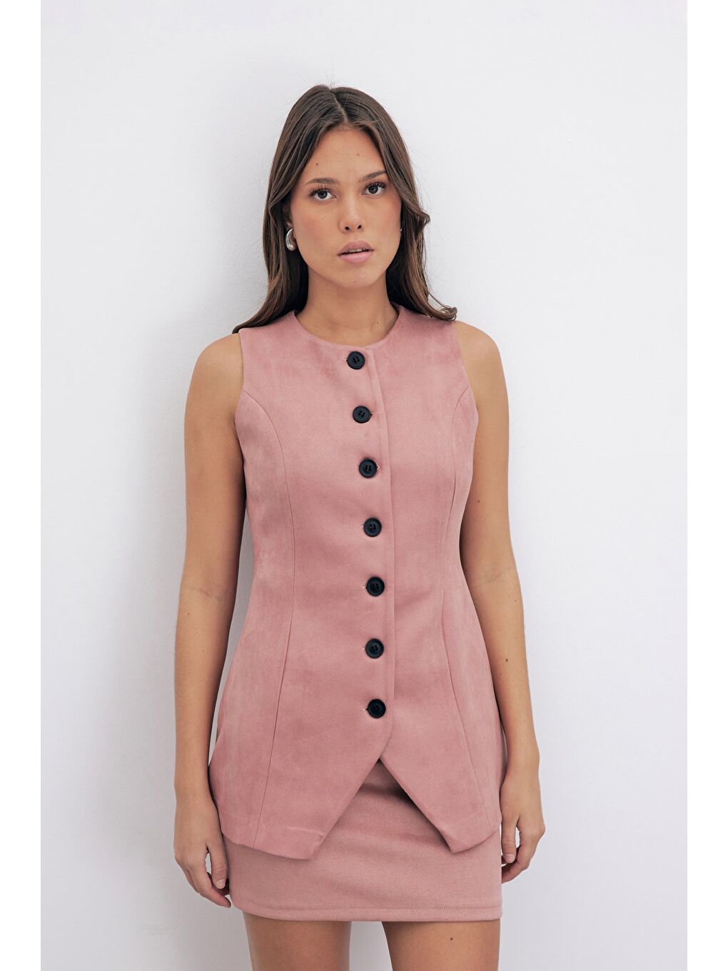 Pembe Kısa Süet Etek - Pudra-1