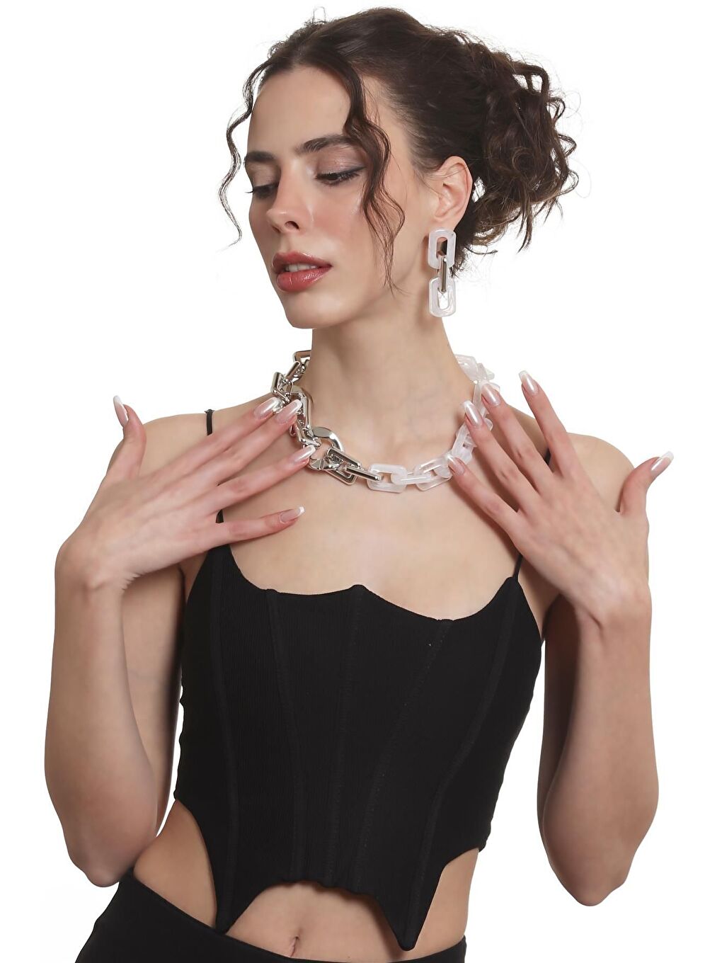 Kadın Kalın Zincir Formlu Beyaz &Gümüş Renk Akrilik Tasarım Kolye &Küpe Seti-5