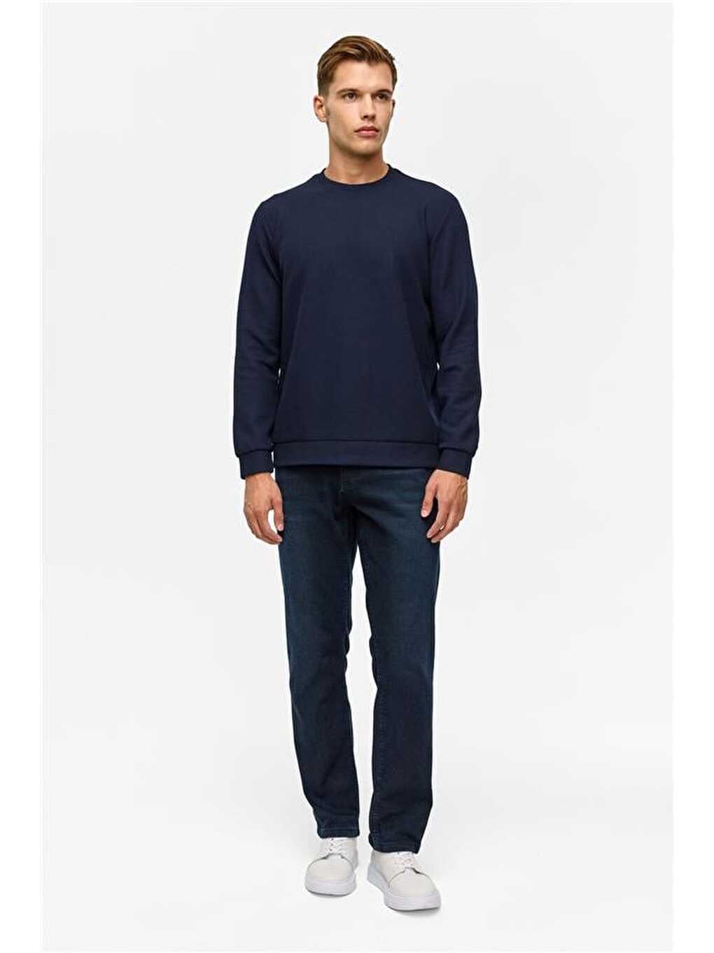 Lacivert Regular Düz Bisiklet Yaka Sweatshirt-5