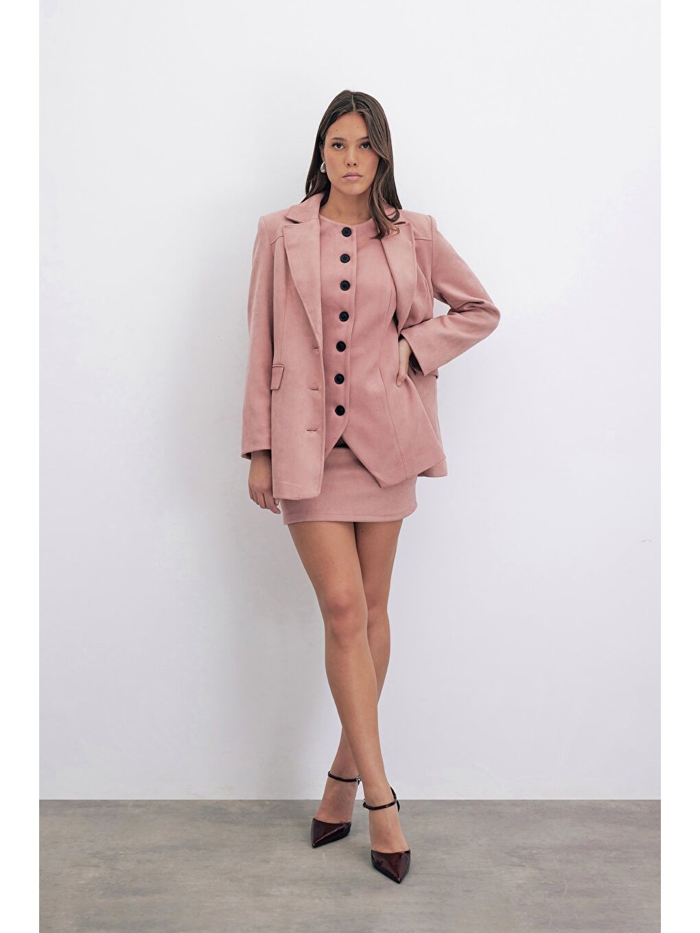 Pembe Kısa Süet Etek - Pudra-2