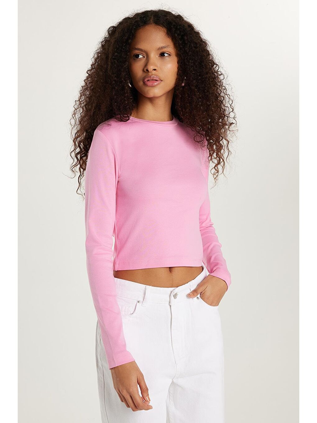 Kadın Slim Fit Dar Kesim Bisiklet Yaka Pembe Bluz-1