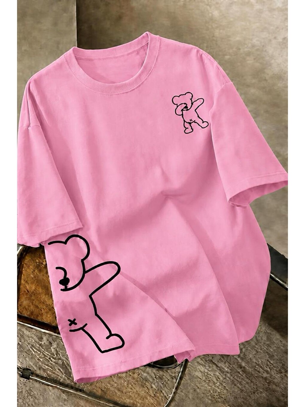 Pembe Ayıcık Baskılı Unisex Oversize Sokak Stili T-Shirt