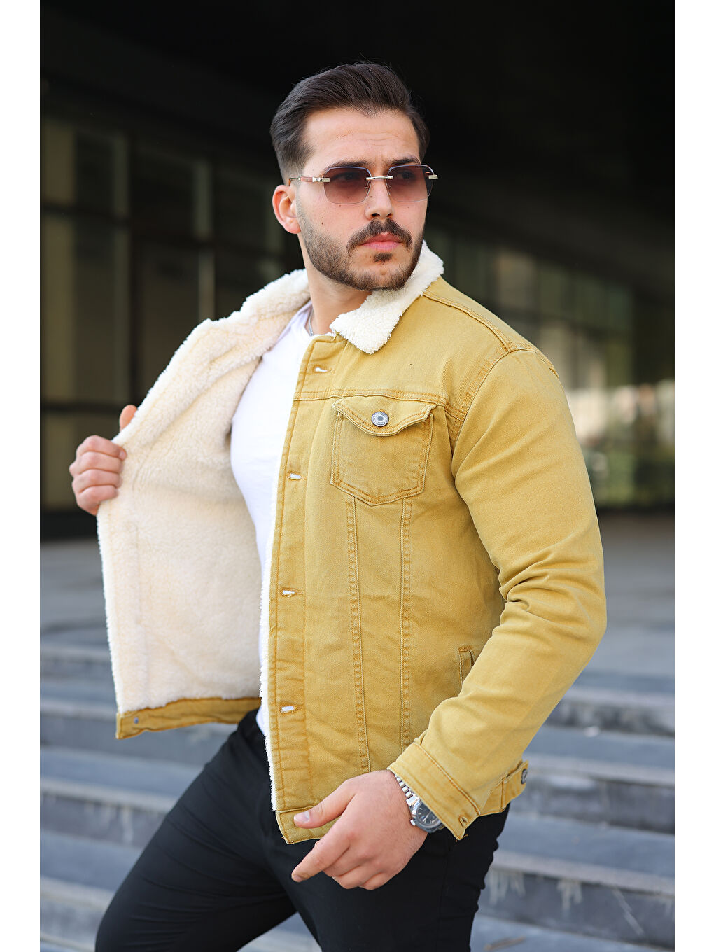 Erkek Trend Kışlık Içi Kürklü Sarı Jean Ceket