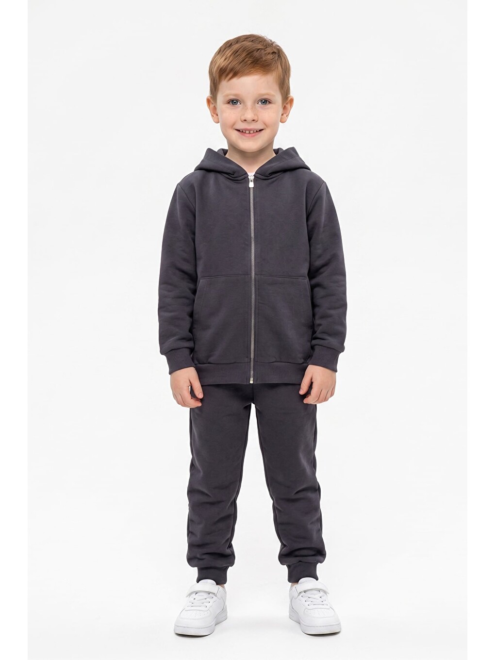 Antrasit Kapüşonlu Fermuarlı Unisex Çocuk Eşofman Takımı-1