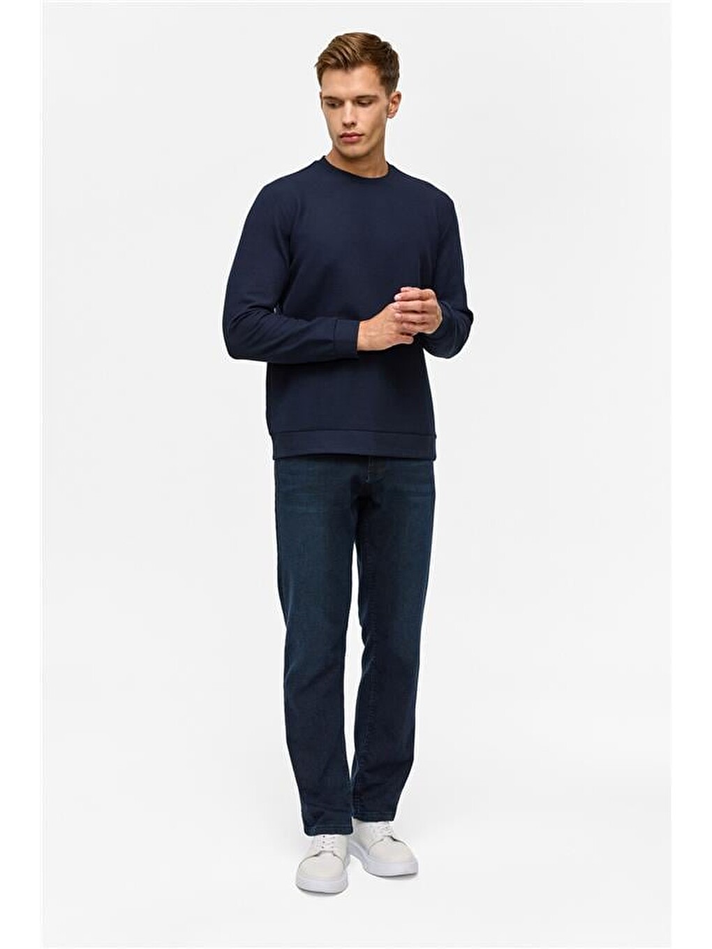 Lacivert Regular Düz Bisiklet Yaka Sweatshirt-6