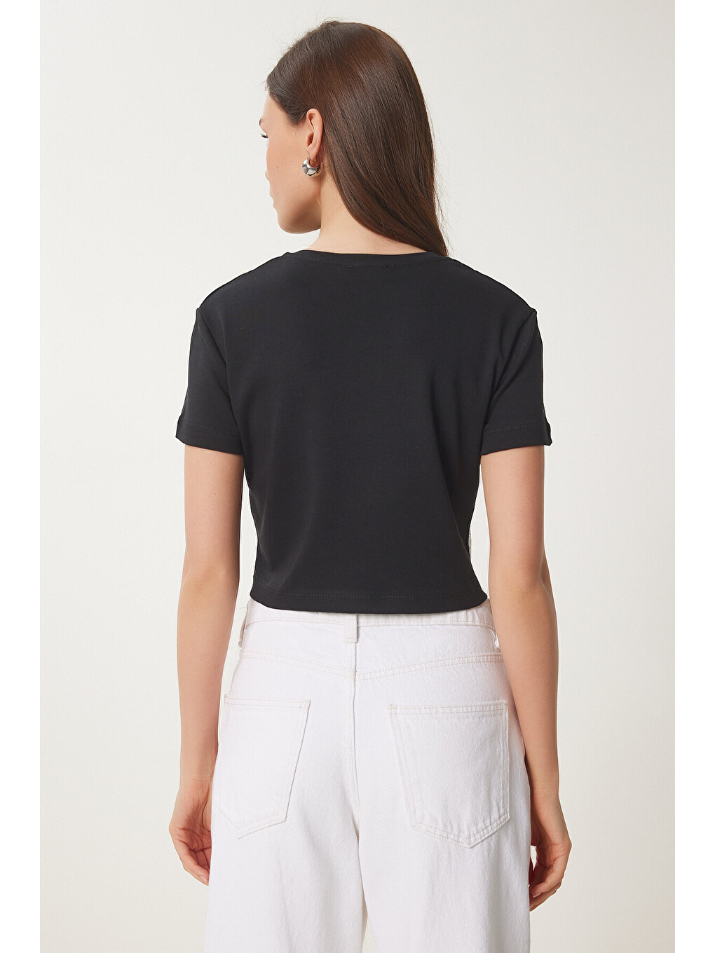 Siyah Dantelli Crop Örme Bluz SİYAH BEYAZ LBV0059-4