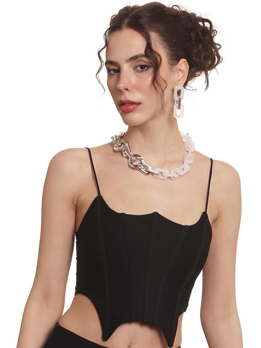 Kadın Kalın Zincir Formlu Beyaz &Gümüş Renk Akrilik Tasarım Kolye &Küpe Seti-6