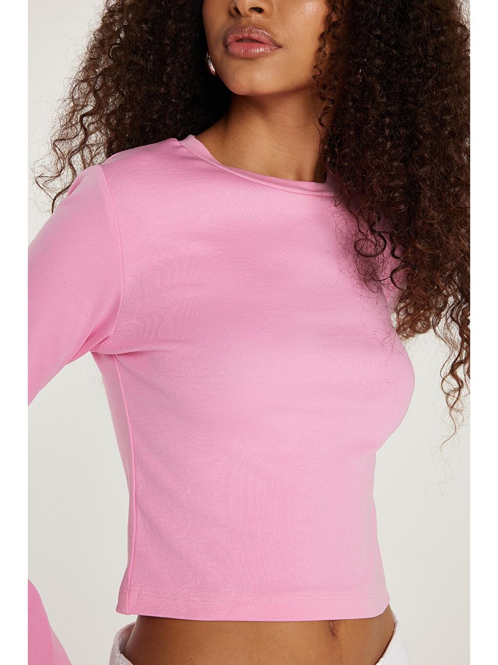 Kadın Slim Fit Dar Kesim Bisiklet Yaka Pembe Bluz-2