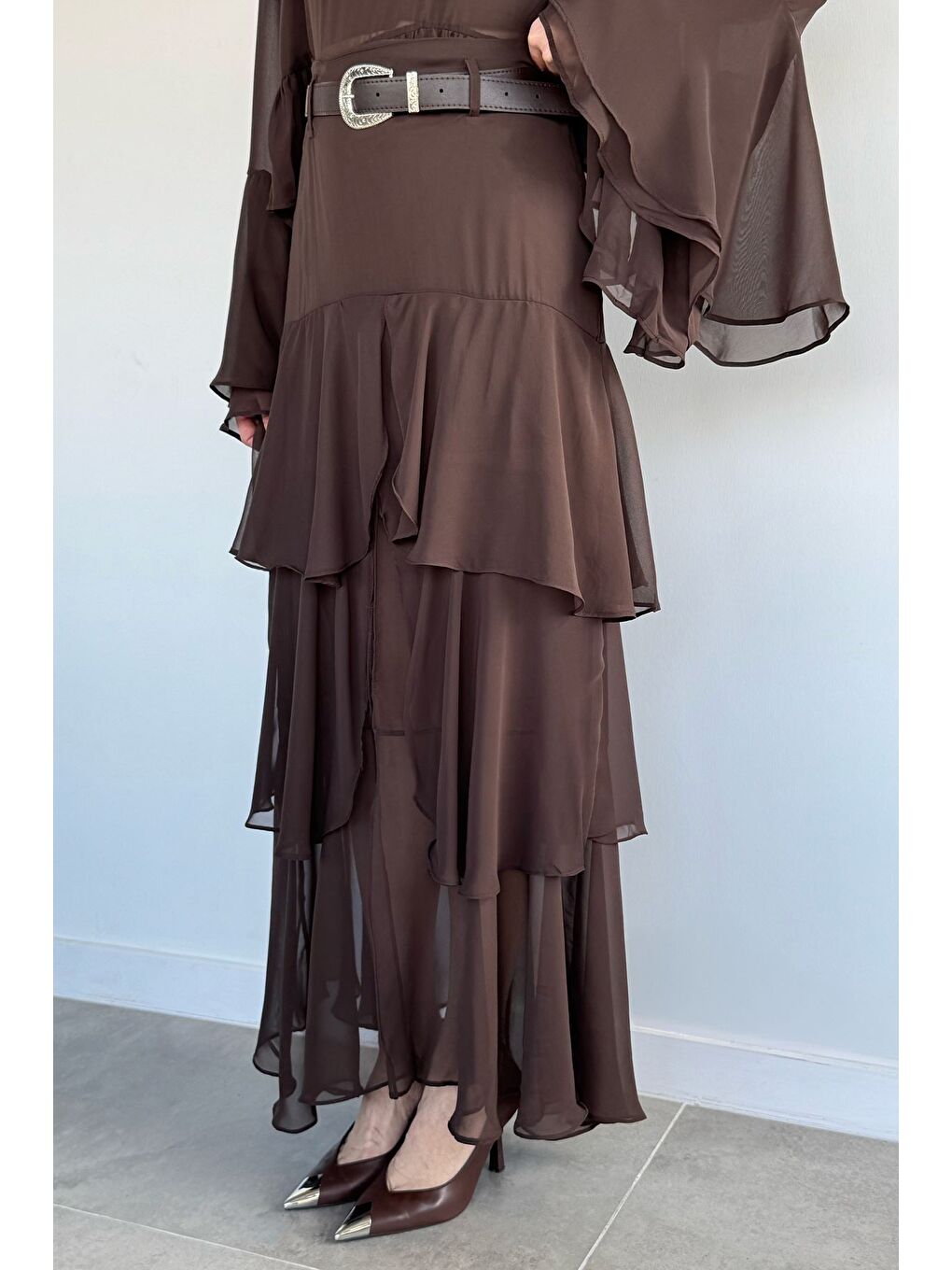 Kahverengi Kadın Yırtmaçlı Kemerli Kat Detaylı Tül Etek-2