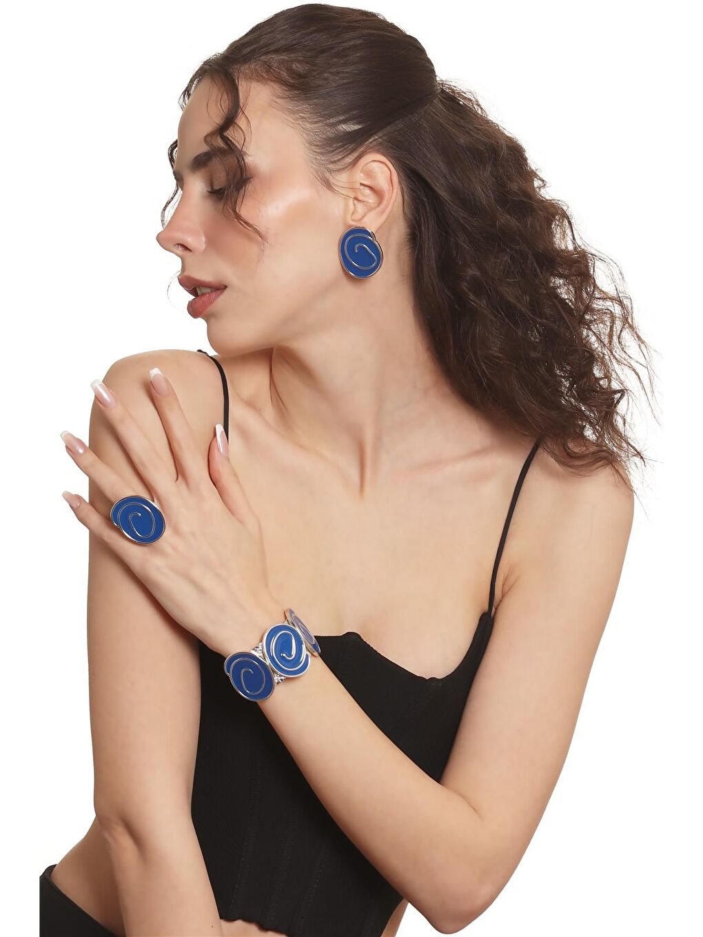 Kadın Gümüş Renk Lak Kaplama Çivili Model Gece Mavisi Mineli Küpe &Yüzük &Bileklik Set-4