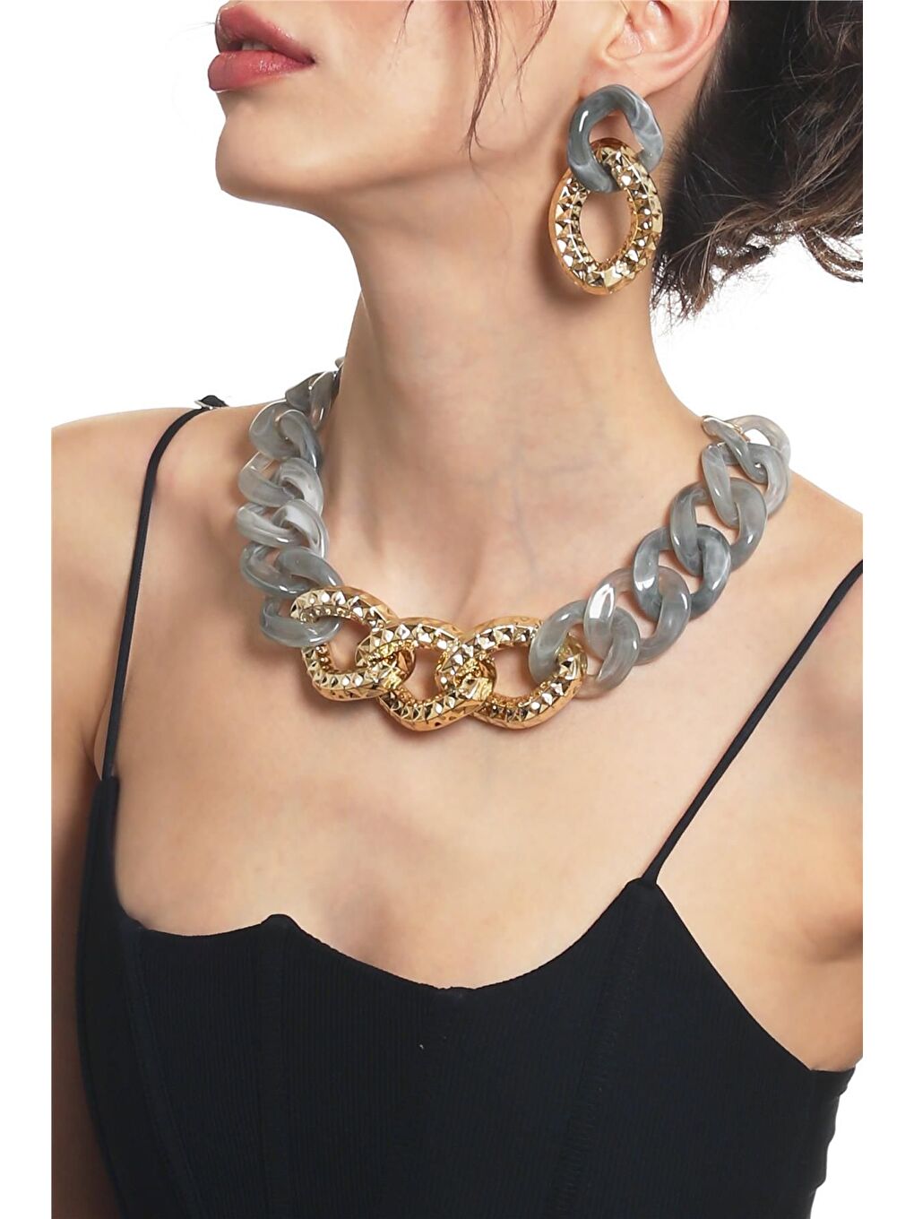 Kadın Kalın Zincir Formlu Dumanlı Gri &Altın Renk Reçine Kolye&Küpe Seti-1