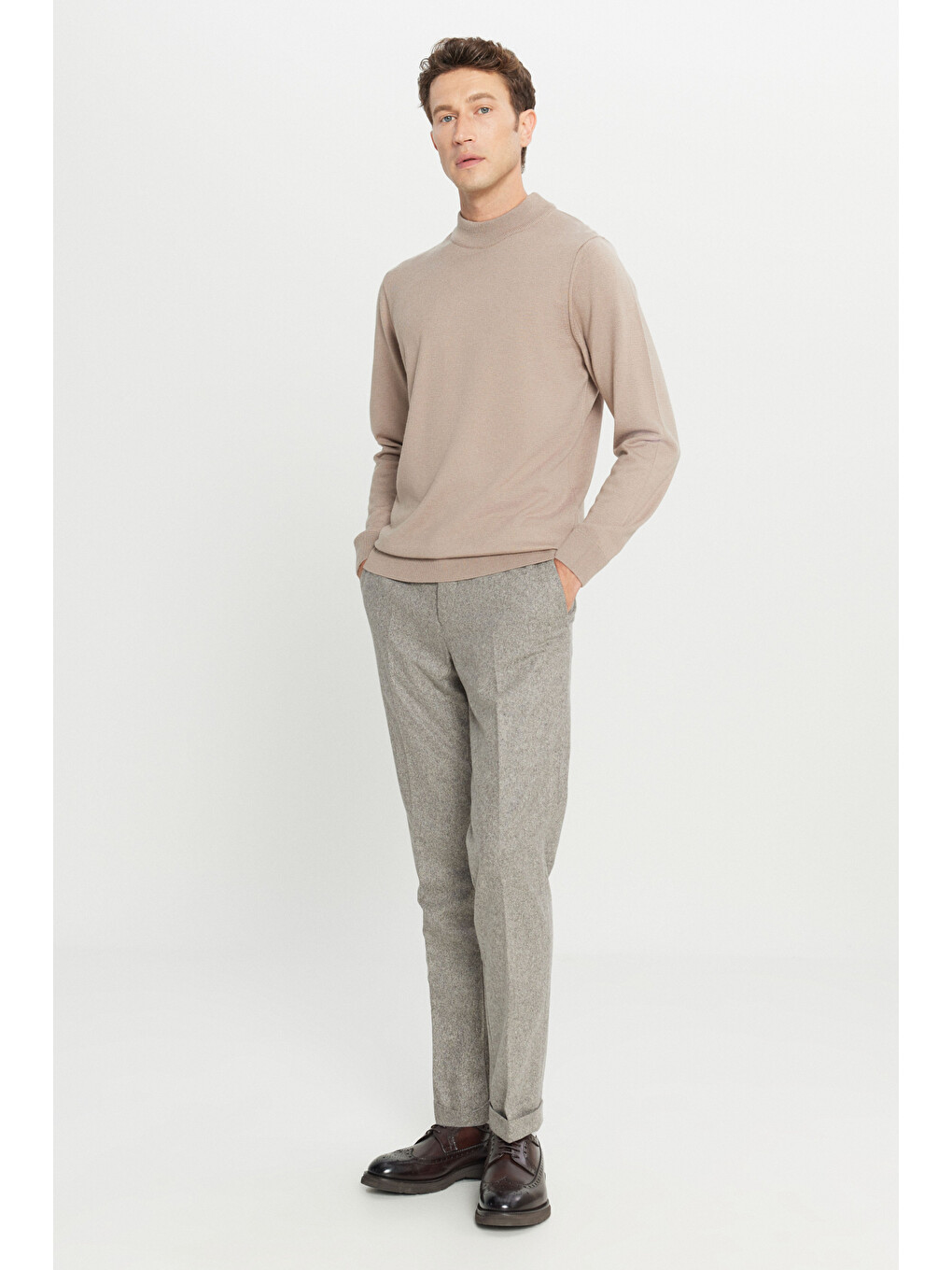 Bej Erkek Vizon Yünlü Slim Fit Dar Kesim Beli Gizli Lastikli Yan Cepli Armürlü Pantolon-1