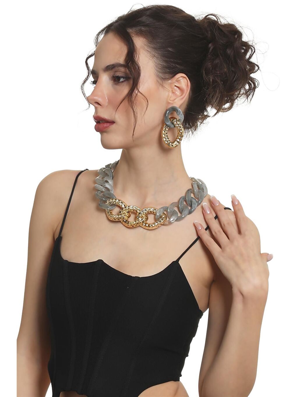 Kadın Kalın Zincir Formlu Dumanlı Gri &Altın Renk Reçine Kolye&Küpe Seti-2