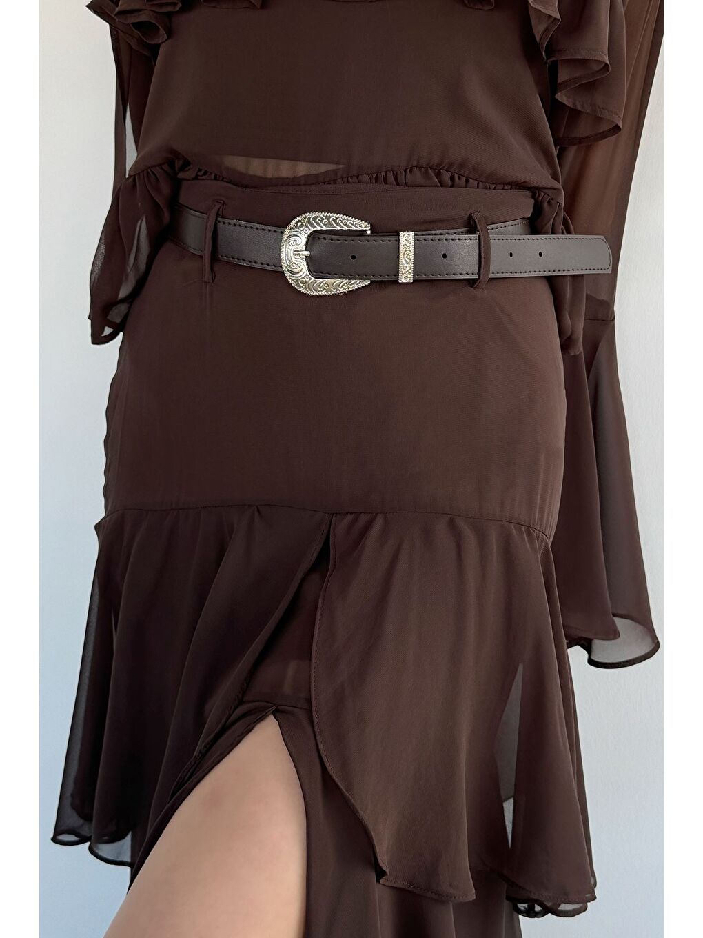 Kahverengi Kadın Yırtmaçlı Kemerli Kat Detaylı Tül Etek-4