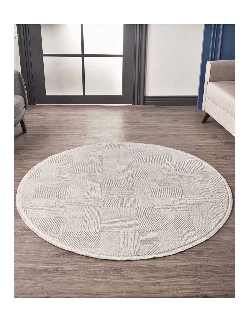 Ekru Leo 2969 Modern Dokuma Yuvarlak Halı-80x80 (Yuvarlak)-1