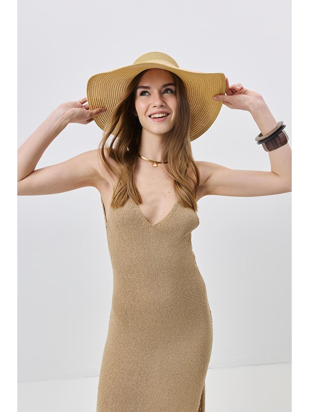 Geniş Kenar Hasır Plaj Şapkası Y25730-17 Orta Bej