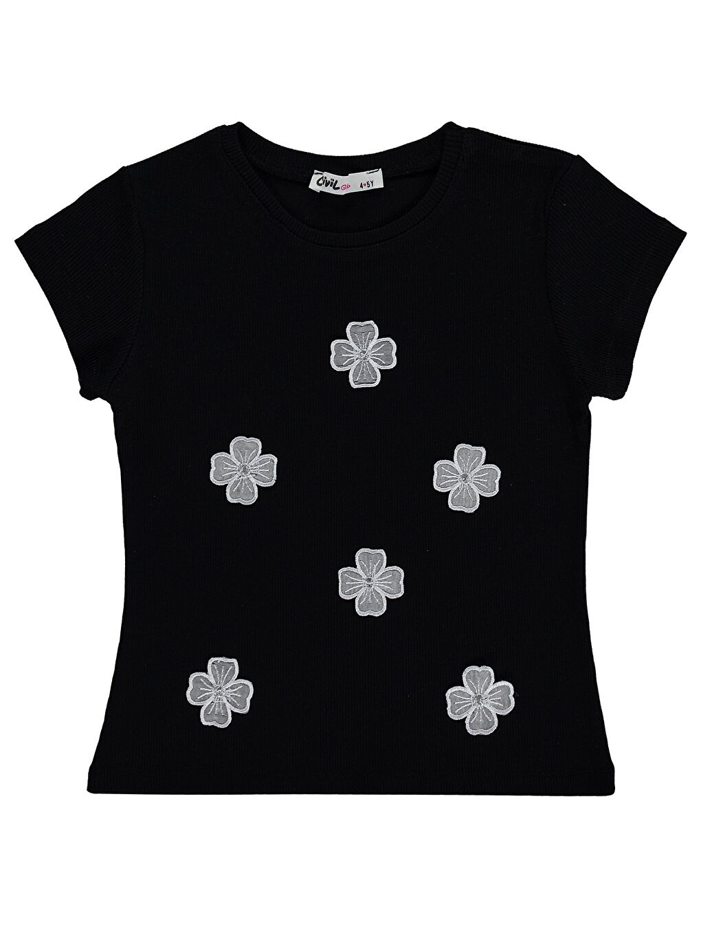 Girls Çiçekli 4-9 Yaş Tişört - Siyah