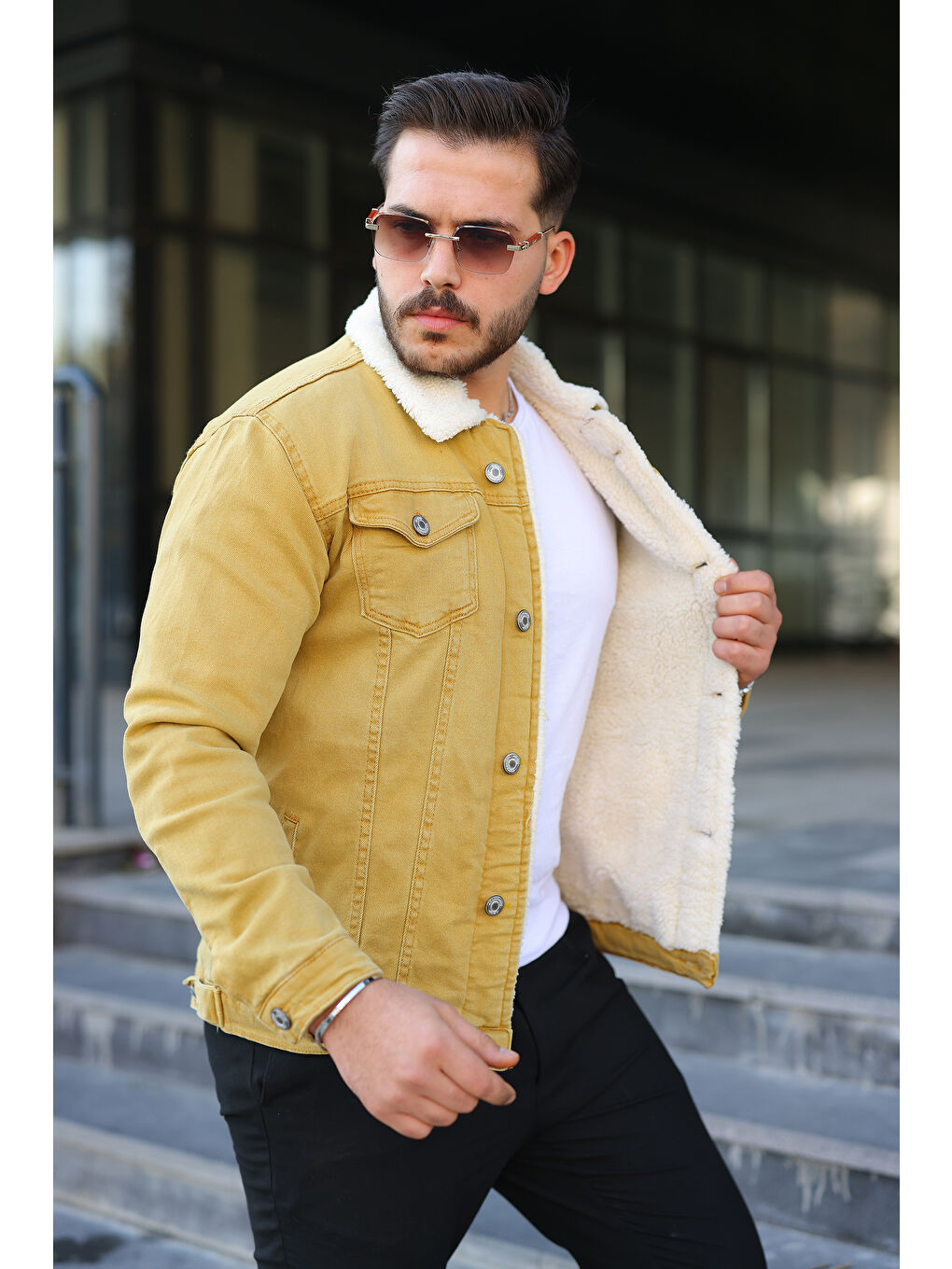 Erkek Trend Kışlık Içi Kürklü Sarı Jean Ceket-1