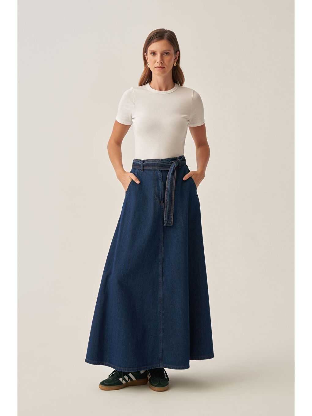 Mavi-Kuşaklı Kloş Denim Etek-1